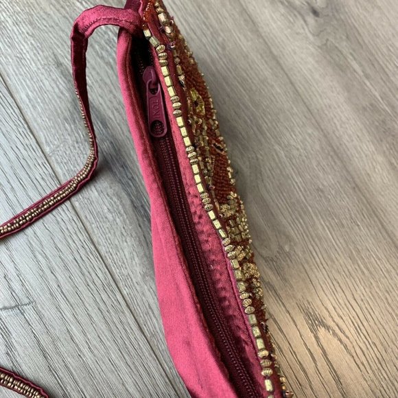 Beaded Purse Clutch Burgundy Satin Copper Gold Color Beads Zip Close, Strap Vtg - Picture 3 of 10